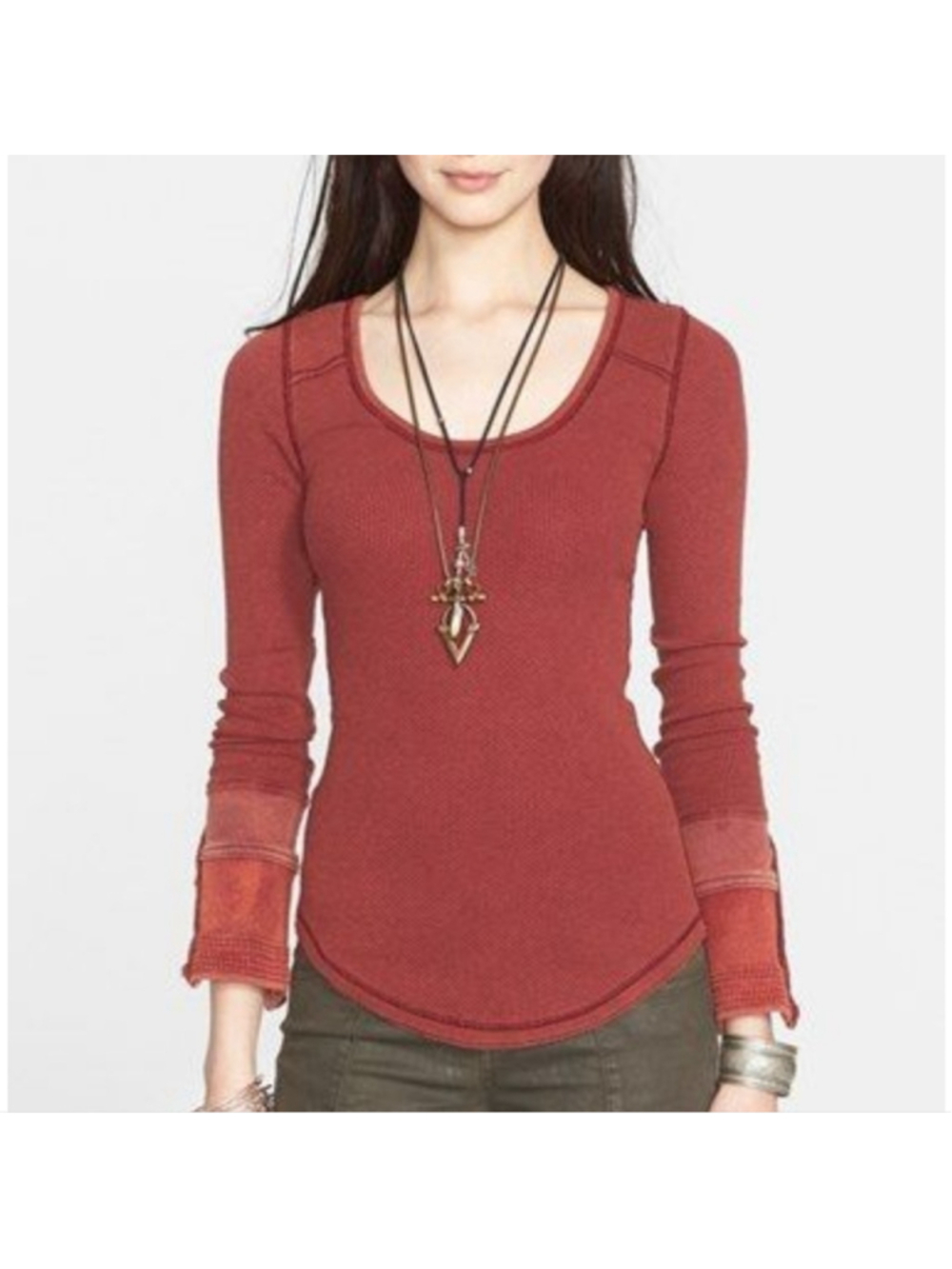 Free People Burgundy Sunnie Valley Burgundy Snap Button Cuff Thermal Shirt Top